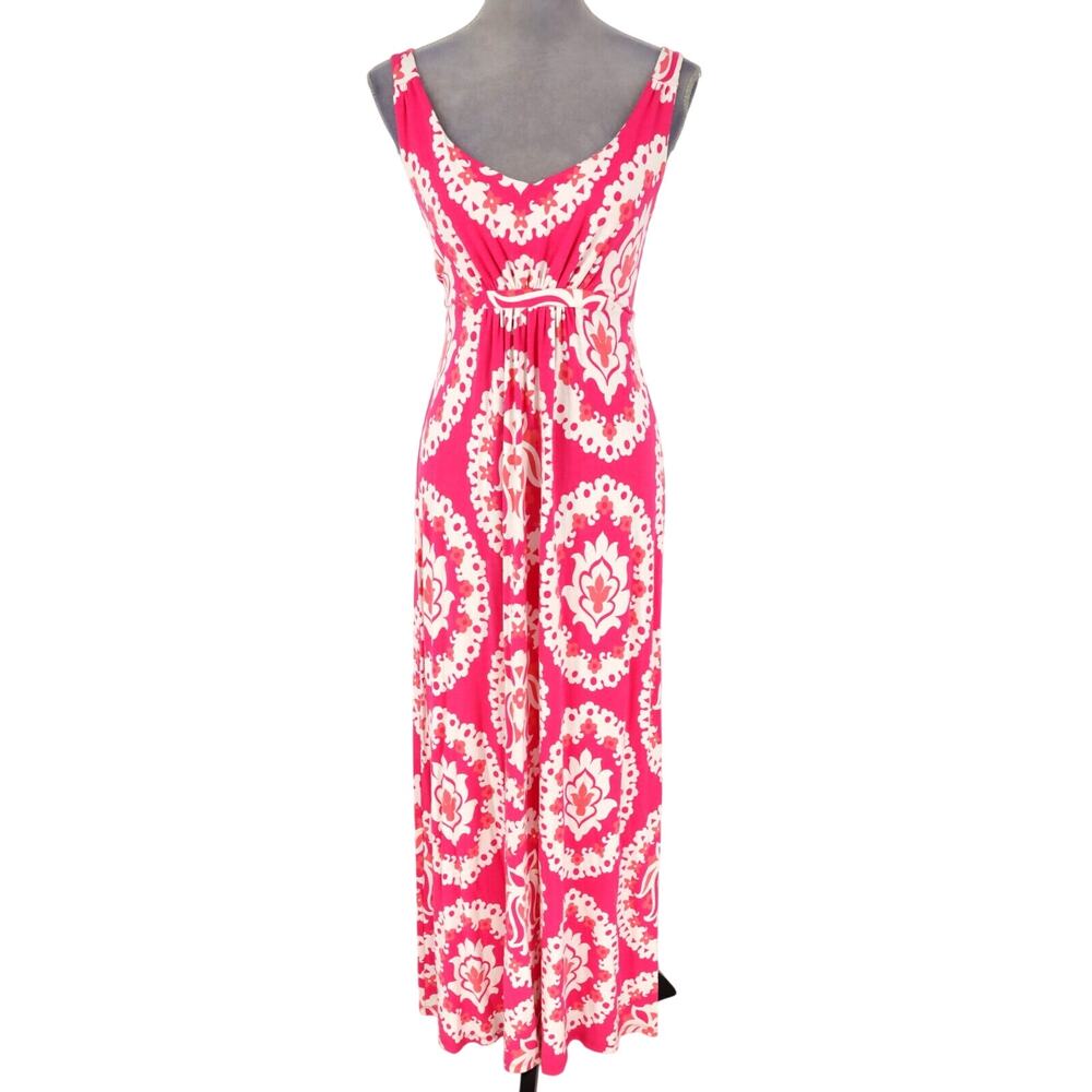 Boden Dress Womens 4 Pink White Floral Maxi Ruched Waist Stretch Knit Beach